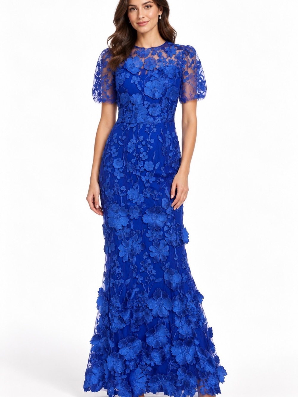 Dalia MacPhee Royal Blue 3D Floral Embroidered Maxi Dress S